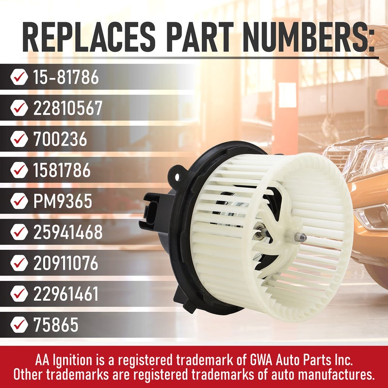 AA Ignition AC Heater Blower Motor with Fan - Compatible with Buick, Chevy, GMC & Saturn Vehicles - Enclave, Silverado, Silverado 3500 HD, Traverse, Acadia, Sierra - Replaces 15-81786, 22810567, 700236 - Image 3